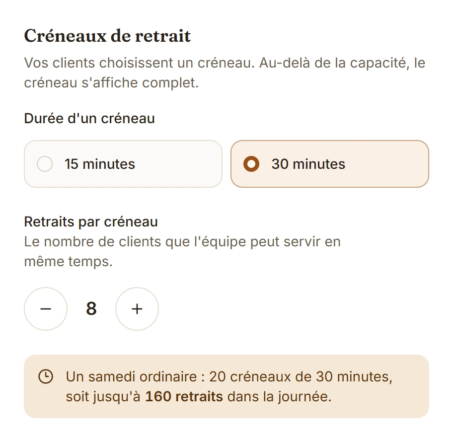 Réglage des créneaux de retrait : durée d'un créneau et nombre de retraits par créneau