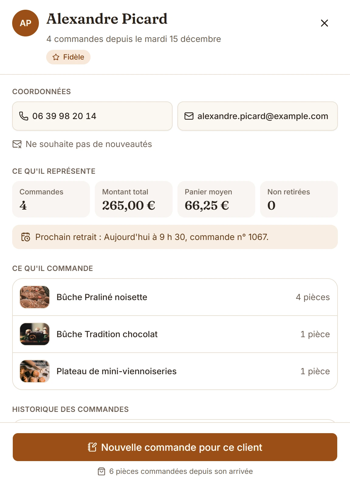Fiche d'un client : ses commandes, le montant total, son prochain retrait et les produits qu'il commande
