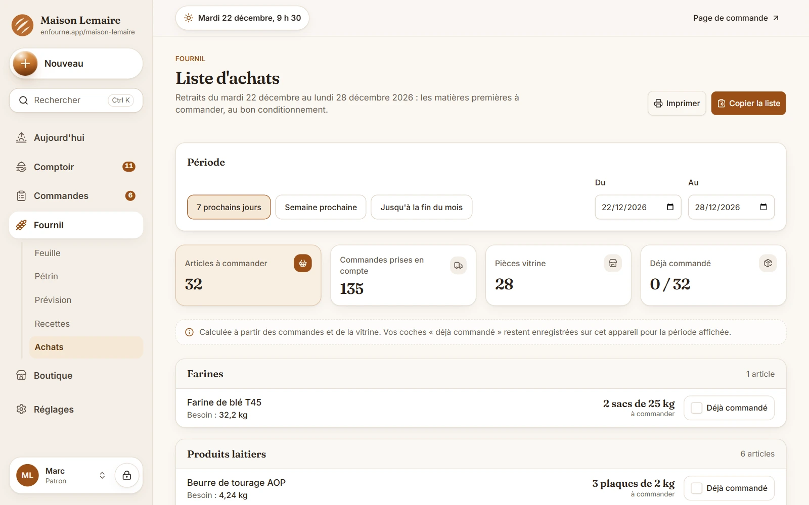 Liste d'achats : les articles à commander, les commandes prises en compte, et les farines et produits laitiers arrondis au conditionnement