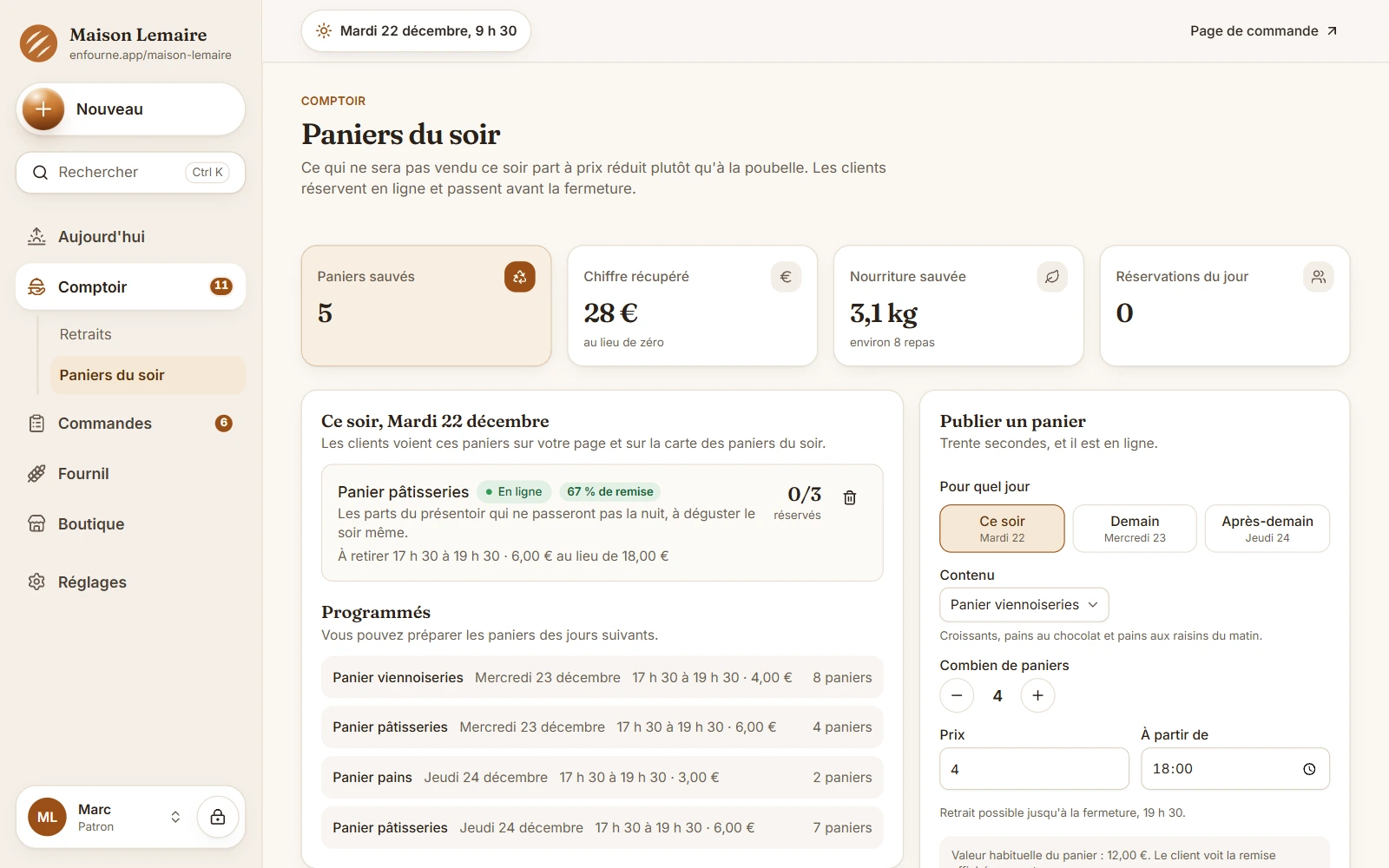 Paniers du soir : le panier publié ce soir avec ses réservations, les paniers programmés des jours suivants et le formulaire pour en mettre un en ligne